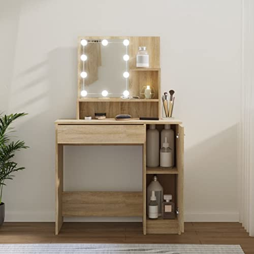 Xichuzi Schminktisch Schminken Tisch, Frisiertisch, Kosmetiktisch, Schminkkommode, Schmink Tisch, Make Up Tisch, Sonoma-Eiche 86,5x35x136 cm