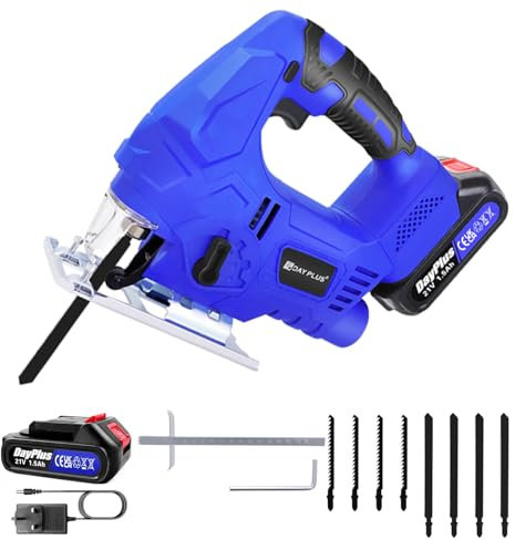 21V Electric Jigsaw for Wood with LED Light, 400W 3000 SPM Upgraded Brushless Motor Universal Electric Jigsaw Tool with Battery and Charger, 8PCS Blades, Jig Saw Cordless for Wood Metal Cutting