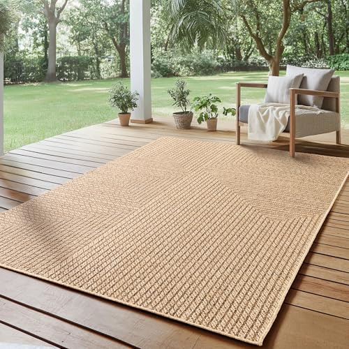 SIMPEX Outdoor Teppich 200x290 cm Wetterfest Pflegeleicht Jute Natur Optik Skandinavisches Design für Wohnzimmer Esszimmer Schlafzimmer Terrasse Balkon Garten