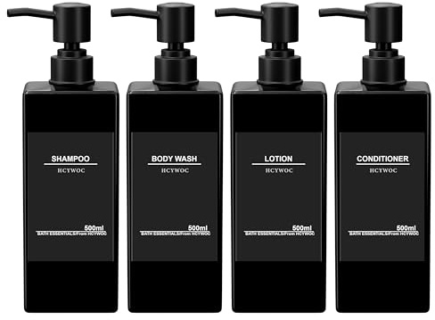 Schampo flaskor för fyllning, 4 duschgeldispenser, 500 ml schampo dispenser för dusch, tvåldispenser svart med 32 vattentäta etiketter och tratt, plastpumpdispenser för kök badrum badrum