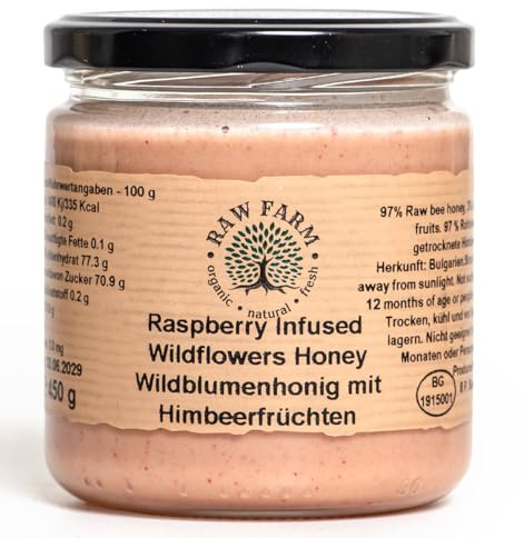 Raw Farm – Miel brut de fleurs sauvages avec framboises 450 g, non chauffé, non filtré, 100% naturel