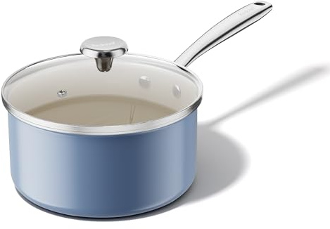 Redchef Nonstick Ceramic Sauce Pan With Lid, 3.5QT Small Cooking Pot with Stay-Cool Handle, Kitchen Non Toxic Soup Pot, PTFE & PFOA Free, Oven & Dishwasher Safe, Compatible with All Stovetops-Blue