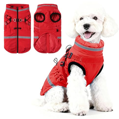 Poseca Hundemantel mit Geschirr Hundejacke mit Reißverschluss, wasserdichte Winterjacken für Kleine und Mittelgroße Hunde und Katzen