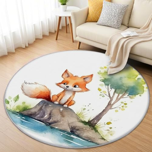 AevuCub Fuchs Teppich Rund 60 cm Kurzflor - Waschbare Teppiche Wohnzimmer Cartoon Waldtiere - Runder Teppich 60 cm Durchmesser Kinderzimmer - Bettvorleger Schlafzimmer rutschfest Weich