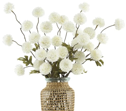 DuHouse 6pcs Artificial Pompon Mum Flowers with Stems, Faux Silk Mini Chrysanthemum Ball for Home Decoration, Bouquets, Table Centrepieces, DIY Floral Crafts(White)