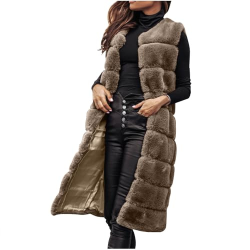 duxyoz Faux Fur Coats Gilets For Women Uk Winter Warm Sleeveless Vest Coat Shaggy Long Jacket Elegant Fluffy Body Warmer Waistcoat Casual Outwear Longline Open Front Cardigans Overcoat 01 Khaki