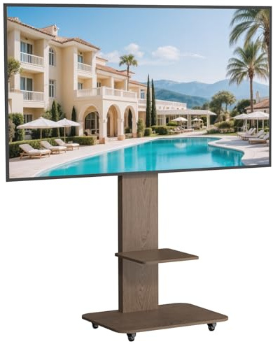 unho Floor TV Stand with Wheels & Wood Shelves, 40-75 Inch, 60kg, for Home | 5-Level Height Adjustment, ±10° Tilt, Max VESA 600 x 400mm, Lockable Castors, Cable Management
