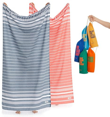 Luum Hamamtuch Strandtuch Saunahandtuch Yogatuch Strandhandtuch Saunatuch Badetuch Reisehandtuch, Campinghandtuch, 2er Set, Damen Herren, Navy/Salmon (Besser als EIN Mikrofaser Handtuch)