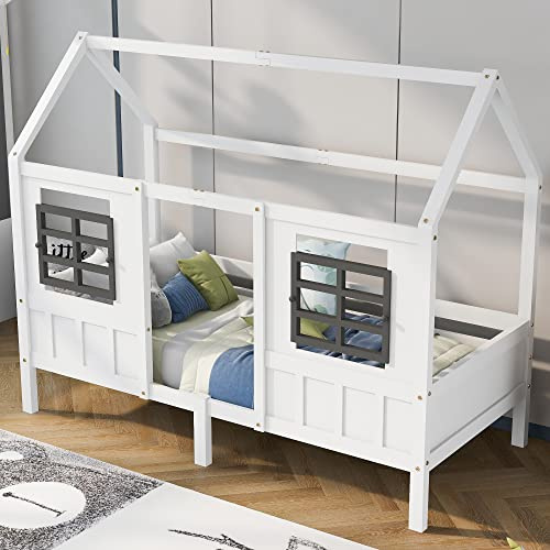 OKMYHOME Kinderbett 90 x 200 cm – Hüttenbett mit Fenstern, Struktur aus Kiefer und MDF, ohne Matratze – Weiß