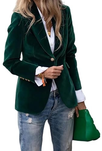 Blazer per Le Donne Giacca Blazer in Velluto Aderente da Donna con 1 Bottone Stile Vintage A Maniche Lunghe con Revers A Lancia Elegante Tinta Unita da Lavoro da Ufficio con Tasche Verde Scuro M