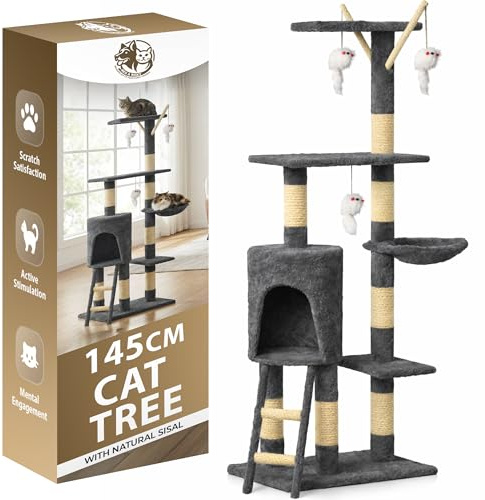 Rex & Roxy Cat Tree, 145cm Cat Scratching Post Multi-Level Stable Climbing Tower with Ladder, Indoor Pet Activity Furniture Play House for Kitty Kitten