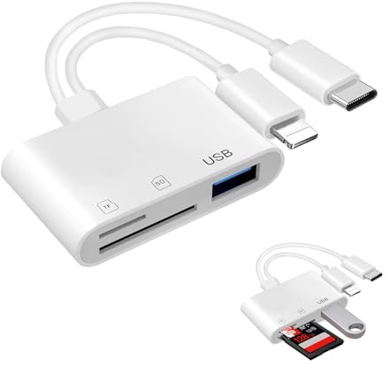 1Pc Dual Connectors SD Card Reader for iPhone and Android Plug and Play 5-In-1 Lightning/USB C SD/TF Memory Card Reader with USB OTG Port Camera to iPhone Adapter for iPhone iPad MacBook Android etc