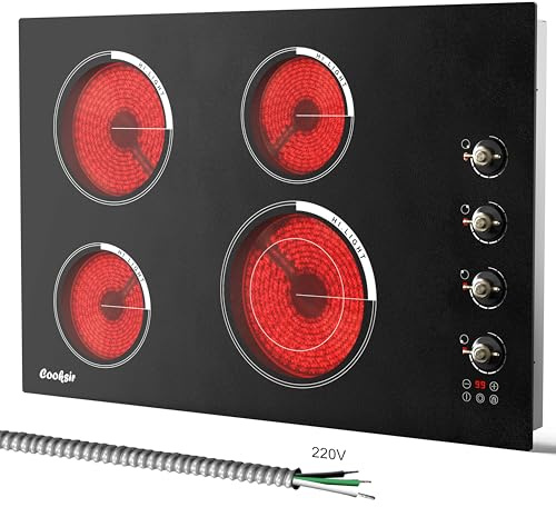 Cooksir 30 Inch Electric Cooktop - 4 Burner Built-in(29.13x19.3) Ceramic Stove Top 6700W, 240V Electric Cooktop 30 Touch and Knob Control, Child Lock, Dual Ring, 99 Mins Timer, 220V Hard Wired