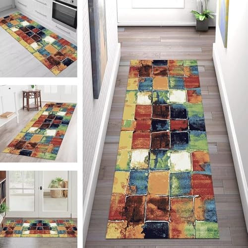 SGLGSTORE Teppich Läufer Flur Küche rutschfest Waschbar Schmutzfangmatte Rot Blau Grün Teppichläufer Küchenläufer Teppichmatten 90X180CM Läufer Wohnzimmer Schlafzimmer Meterware Schmutzfangteppich