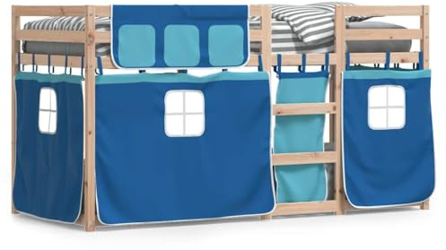 mtlskopl Etagenbett mit Vorhängen Blau 90x200 cm aus Massivholz Kiefer Spielbett mit Rausfallschutz Langlebig & Modern für Kinderzimmer und Gästezimmer
