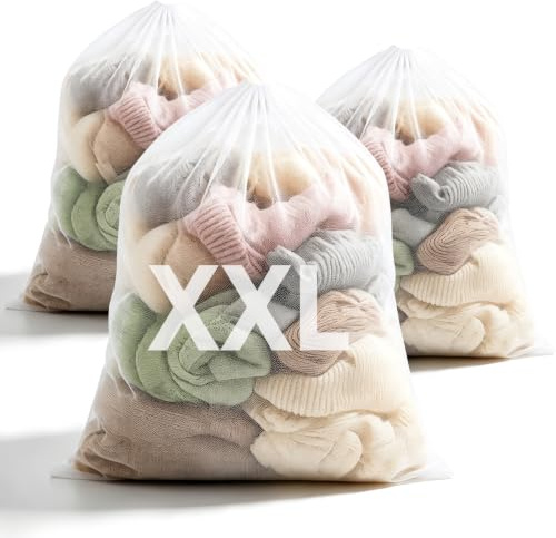 3 Stück Weiß Wäschenetz Groß, 70x90 cm Wäschebeutel XXL für Waschmaschine | Wäschesäcke für Waschmaschine mit Kordelzug, Wäschesäcke für Kleidung, Bettwäsche und Plüschtiere