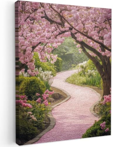 OnlyWow© Poster De Jardín 50x70 cm Canvas Art Decorativo Grandes Decorarivos Pictures Balcon Póster Decorativa Terraza Lienzos Cerezo en Flor - Naturaleza - Sakura - Sendero - Jardín japonés