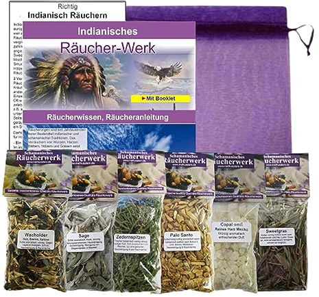 Weißer Salbei + Zeder + Palo-Santo + Sweetgrass 8-TLG Räucher-Set mit Kopalharz + Wacholder. TOP 6 Kräuter & Harze. Mit Beschreibung & Booklet Indianisches RÄUCHERWISSEN. 81020