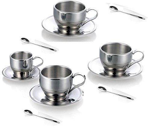 Jasni Stainless Steel Coffee Cup Coffee Mugs Espresso Cups and Great Cappuccino Cups with Spoon and Saucer Gift Idea for Coffee and Tea Lovers (4)