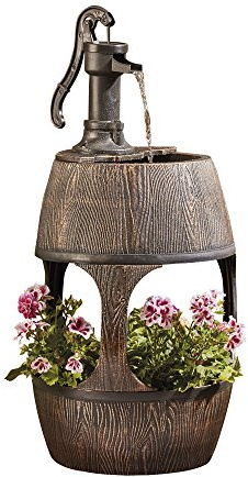Durable Traditional Pump Barrel Water Feature with Flower Planter for Indoor & Outdoor Use H88cm