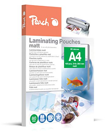 Peach Pellicole per laminazione A4, 80 mic, 100 pouches, opache, scrivibili, qualità premium per i migliori risultati di laminazione, compatibili con dispositivi di tutte le marche - S-PP580-22