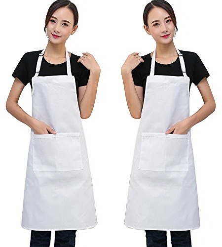 SERWOO (66 * 76 cm) 2 Stück Schürze Kochschürze Küchenschürze Latzschürze Backschürze Kellnerschürze Weiß mit 2 Fronttaschen verstellbarem Nackenband für Damen Frauen Männer Chef