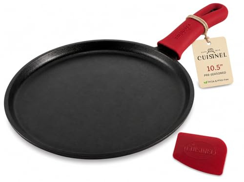 Cast Iron Round Griddle - 10.5”-Inch Crepe Maker Pan + Silicone Handle Cover - Pre-Seasoned Comal for Tortillas Flat Skillet - Dosa Tawa Roti Grill - Oven, Stovetop, Induction Safe. PFAS and PFOA-free