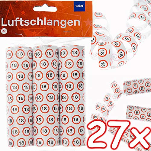 Carpeta 27 Luftschlangen * 18. Geburtstag * als Deko für Party und Birthday | 3 Rollen mit je 9 Schlangen mit Verkehrsschild Zahl 18 | Tischdeko Streamer Volljährigkeit Erwachsen