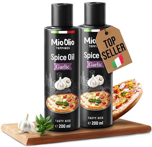 Mioolio 2x 200 ml de aceite de ajo - Aceite aromático para condimentar pizza, pasta, verduras y carne - Sin aceite de palma, sin conservantes y sin gluten - Con práctico dosificador