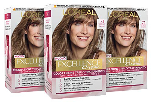 L'Oréal Paris Tinta Capelli Excellence, Copre Il 100% dei Capelli Bianchi, a Lunga Durata, 7.1 Biondo Cenere, Confezione da 3