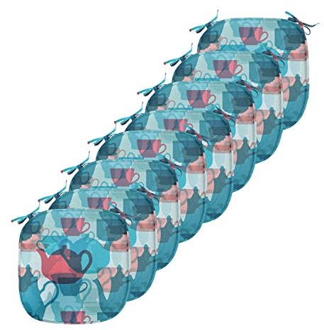 Ambesonne Tea Party Chair Seating Cushion Set of 8, Crockery Composition Abstract Overlapping Silhouettes Teapot and Cups, Anti-Slip Seat Padding for Kitchen & Patio, 16x16, Dark Coral Pale Blue