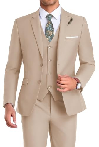 Mrbuerly Prom Suit for Men 3 Pieces, Slim Fit Beige Wedding Party Mens Suits Blazer Vest Pants Tie Groomsmen Tuxedos Notched Lapel-XL4438