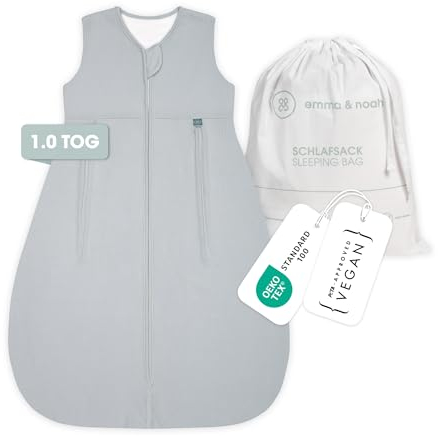 emma & noah Baby Schlafsack 1.0 TOG, Ganzjahres Schlafsack für den Frühling, Sommer und Herbst, 100% Bio-Baumwolle, OEKO-TEX Zertifiziert, Strampelsack für Neugeborene (Essential Grau, 70 cm)