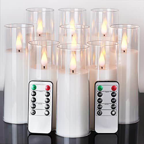 Amagic Magic Pure White Flameless Candles, Battery Operated Candles, Acrylic Flickering LED Pillar Candles with Remote Control and Timer, 3D Wick, Yellow and Blue Glow, D2.2 xH5.5 6.5 7.5, Set of 9