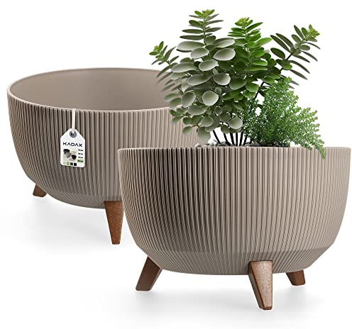 KADAX Blumentopf aus Kunststoff mit DREI Einsteckstützen, runde Blumenschale, Pflanzkübel, Blumenkübel, Pflanzschale für Balkon, Wohnzimmer (40 cm Ø/Taupe)