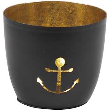 Maritimes Windlicht Baltic – Metall mit Motiv – Anker, schwarz, Gold | 10 x 10 x 8,5 cm – für Teelichter & Stumpenkerzen – Haus, Garten, Balkon, Terrasse – Licht- & Schattenspiele – Seaside No.64