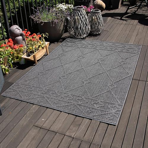 Carpettex Outdoor Teppich Wetterfest 200x300 (200 x 290 cm) Sisaloptik Grau - Ideal für Balkon, Garten, Terrasse, Camping und als Küchenteppich - Waschbarer Teppich, Berber Design, Flachgewebe