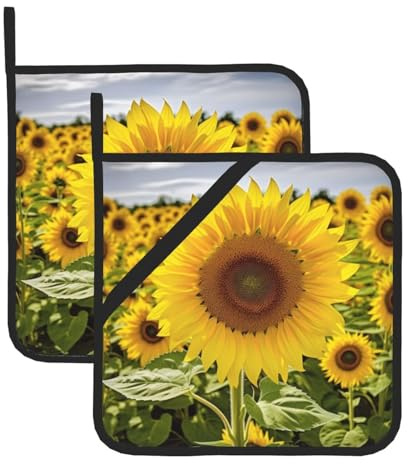 Set di 2 presine da cucina con stampa di girasoli, resistenti al calore, antiscivolo, per cucina, cottura al forno, barbecue, presine con tasche