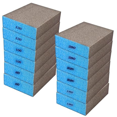 Pizsieat 12 pezzi Spugna Abrasiva, Grane 60/100/120/180/220/280 Riutilizzabile Spugne Abrasive per Legno,Blocchi Abrasivi per Vernice su Legno, Parete, Metallo
