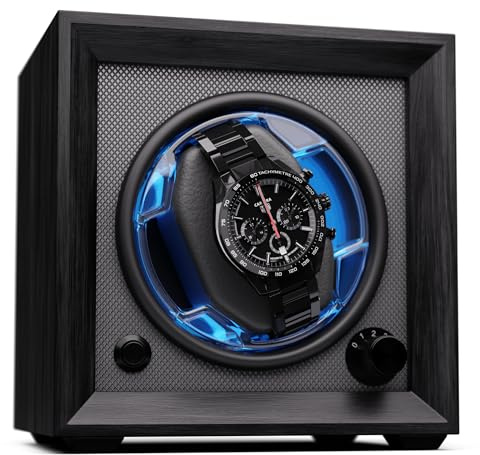 KLARSTEIN Remontoir de Montre Automatique pour 1 Montre, avec Porte en Acrylique, LED Bleues, 4 Réglements TPJ