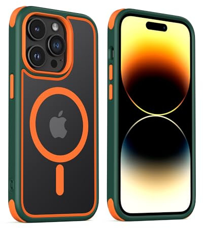 MobNano Hybrid Magnetisch Durchsichtig Hülle für iPhone 14 Pro Hülle [Kompatibel mit MagSafe] Stoßfest Bumper Transparent Starke Magnet Handyhülle Clear Silicone iPhone 14pro Case - Grün/Orange