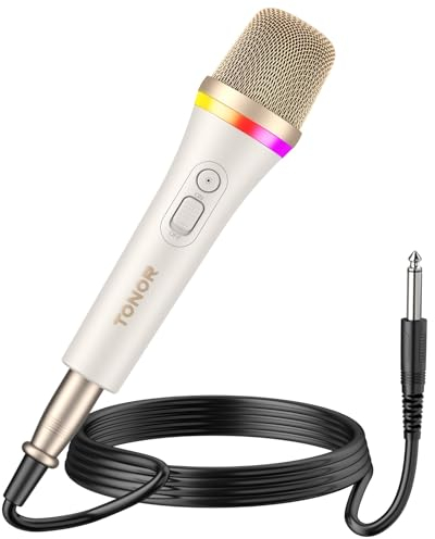 TONOR Microfono Karaoke Dinamico, RGB Microfono XLR per Voce per Canto, Microphone Portatile Supercardioide con Cavo da 5M, per Canto dal Vivo/Palco/Altoparlanti/Studio/Casa/Festa (Bianco)