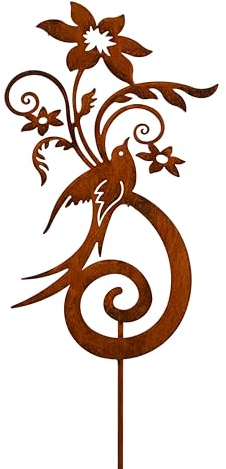 Bornhöft Piquet de jardin oiseau en clématite en métal rouillé - Décoration de jardin romantique