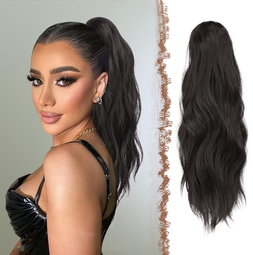 FESHFEN Gewellt Pferdeschwanz Haarteil mit Klammer, 50cm Pferdeschwanz Zopf Extensions Claw Clip in Wavy Ponytail Extension Synthetik Haarverlängerung für Frauen Damen Natürliches Schwarz