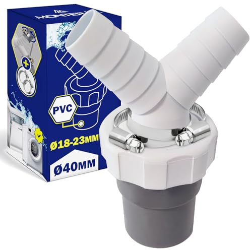 Adaptador Empalme Desague Lavadora con Salida para Tubo Ø40 mm y Entrada Ø18-23 mm - Doble Pipeta Desague en Y para Lavavajillas - Kit Incluye 2 Piezas de Abrazaderas Ø20-32 mm - MONTERAL