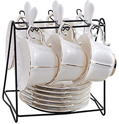 Tazze da caffè Tazza da tazza da tè in ceramica e piattino in ceramica a sei pezzi a forma di fiore (7 oz) con porta tazza / set da tazza da tè bianco / tazza di caffè inglese / set da tè in porcellan
