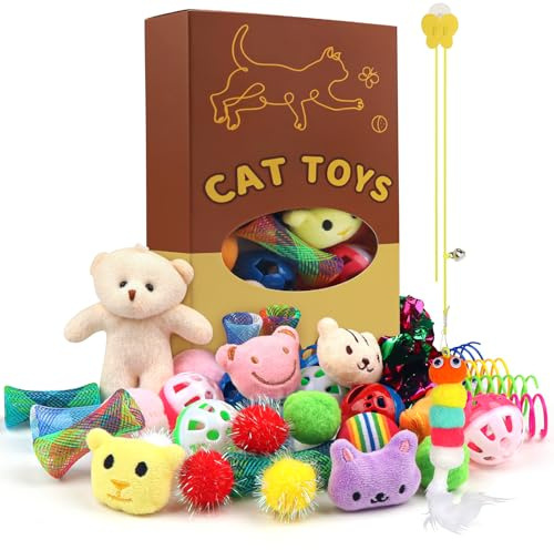 QUOZUO Kitten Toys - 38PCS Cat Play Set, Sparkle Balls, Plush Pom Pom Balls, Hanging Door Toy, Gift Box Styles