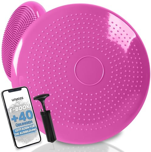 unycos - Ballsitzkissen inkl. Pumpe【Ø34 cm | Trägt 150 kg】Orthopädisches Sitzkissen Anti-Burst, Noppenkissen, Balance Pad, Luftkissen für Bürostuhl, Fitness, Reha/Koordinations (Dunkelrosa; Basic)