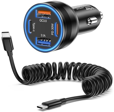 USB Zigarettenanzünder Adapter, Avatcen 65W 4 Port USB C Auto Ladegerät, QC & PD3.0 KFZ USB Ladeadapter DC12-24V mit 1.5 M USB C Spiralkabel für iPhone 16 15 Series, Galaxy S24 S23, Tablet(C-C Cable)