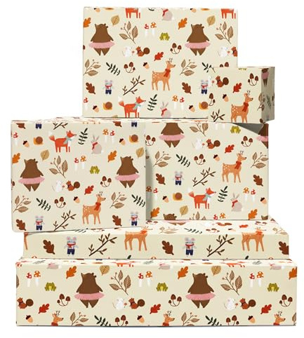 Cosy Woodland omslagspapper – 6 ark brunt presentpapper – björn hjort kanin räv ekorre groda – höst – för män kvinnor – levereras med klistermärken – av Central 23